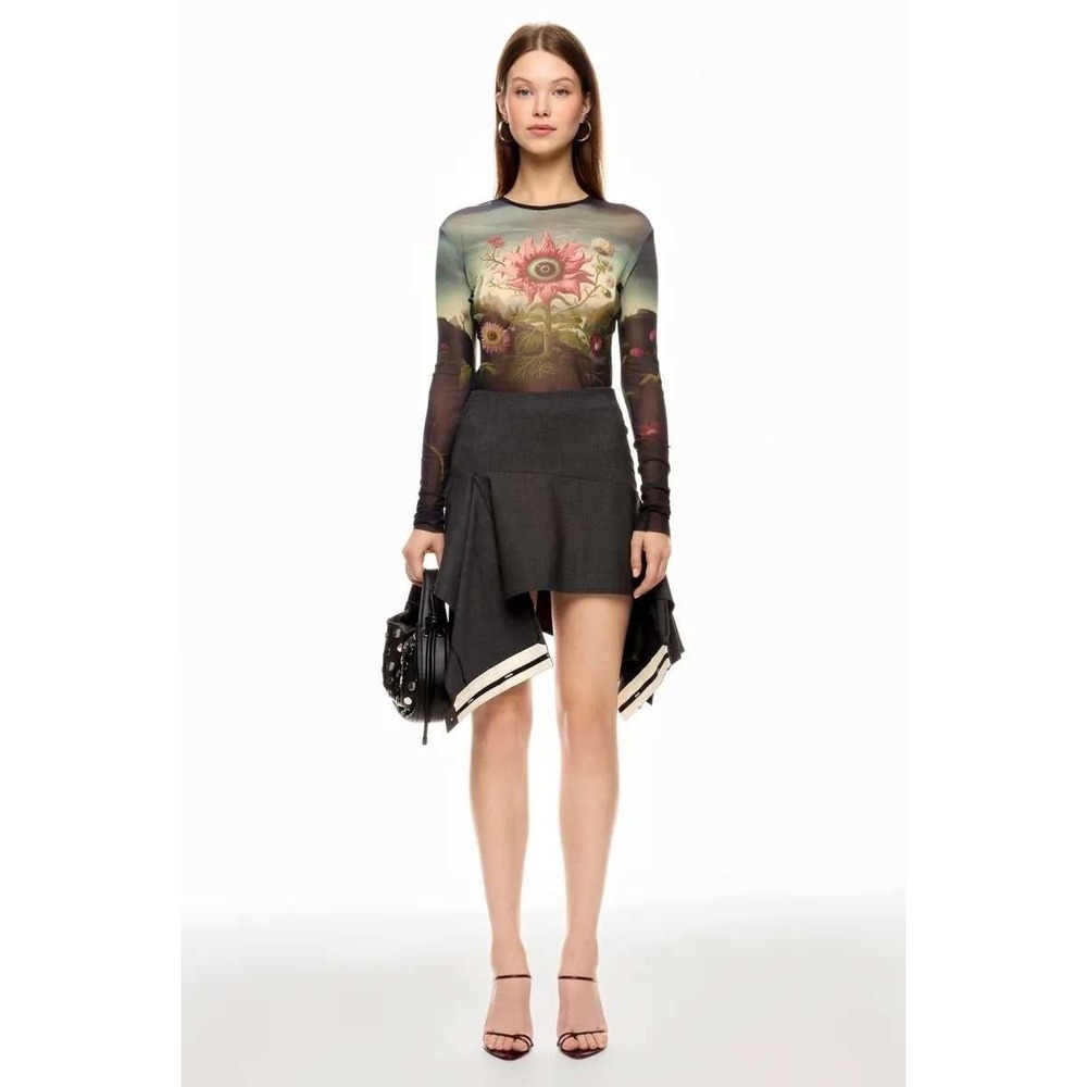 Monse Rose‎ Printed Mesh Top Long Sleeve Mesh Surrealist Sheer Long Sleeve Sz L - Picture 3 of 16